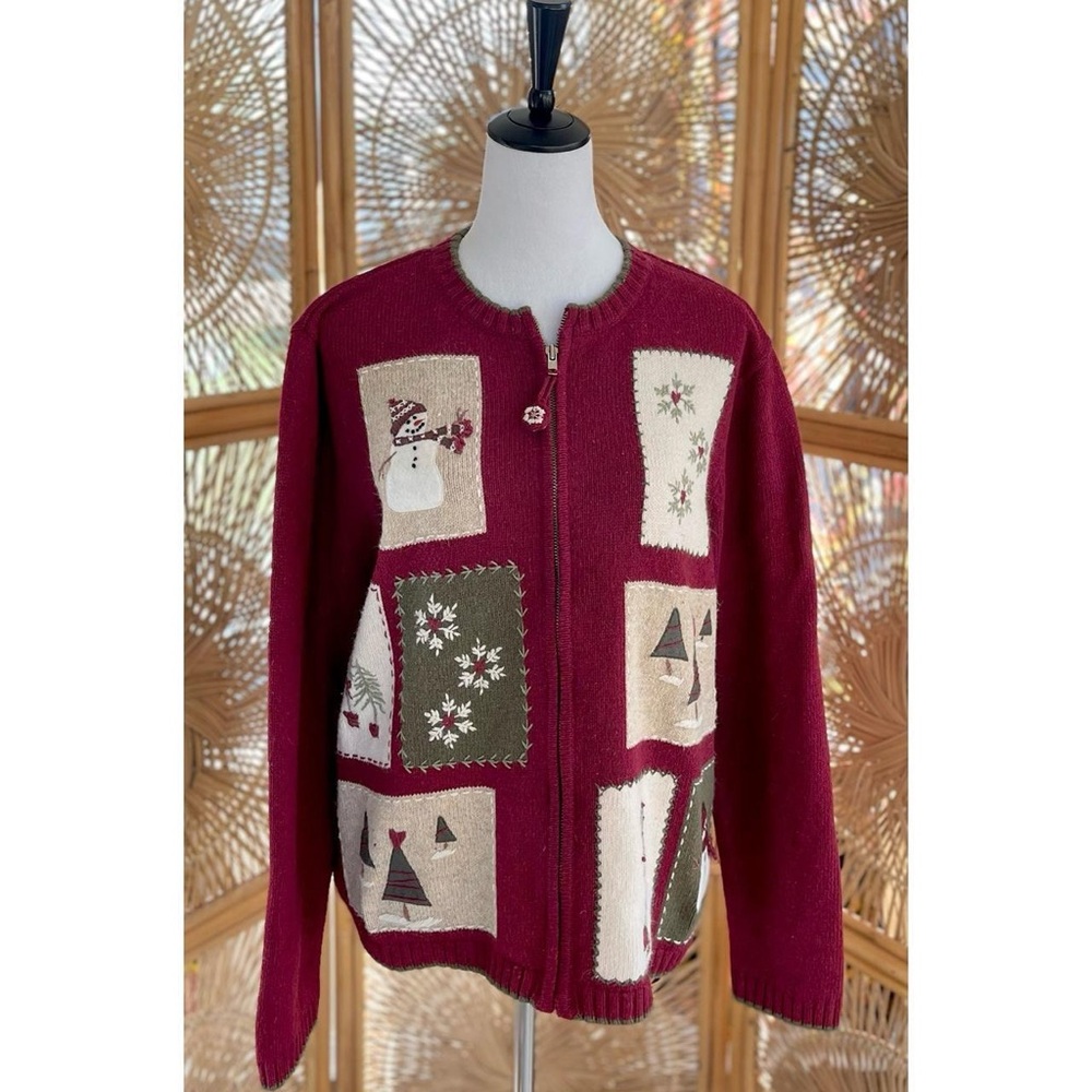 Croft & Barrow Burgundy Knit Embroidered Patchwork Snowman Winter Cardigan XL - Picture 2 of 8